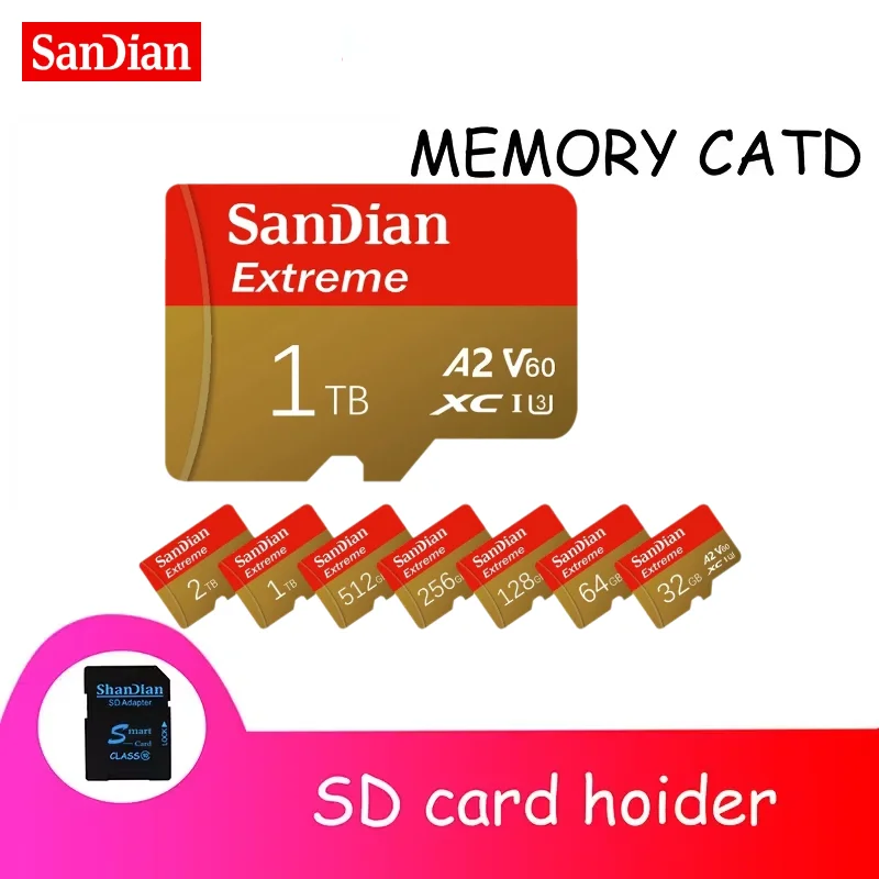 Sandian Original Memory Card 2TB 1TB Hight Speed Endurance A2 4K Mini Micro TF SD 512GB Flashcard For Smartphone/Camera/pc