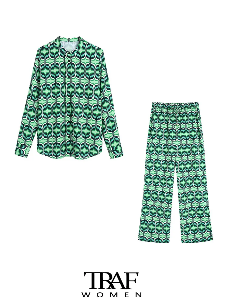 

TRAF Women Fashion Printed Button-up Shirts And Mid Elastic Waist With Drawstring Straight Pants Female Two Piece Sets Mujer