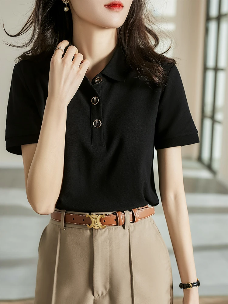 

Женская футболка BOBOKATEER с воротником с лацканами и пуговицами спереди, черная футболка, Женская Повседневная футболка с коротким рукавом, же...