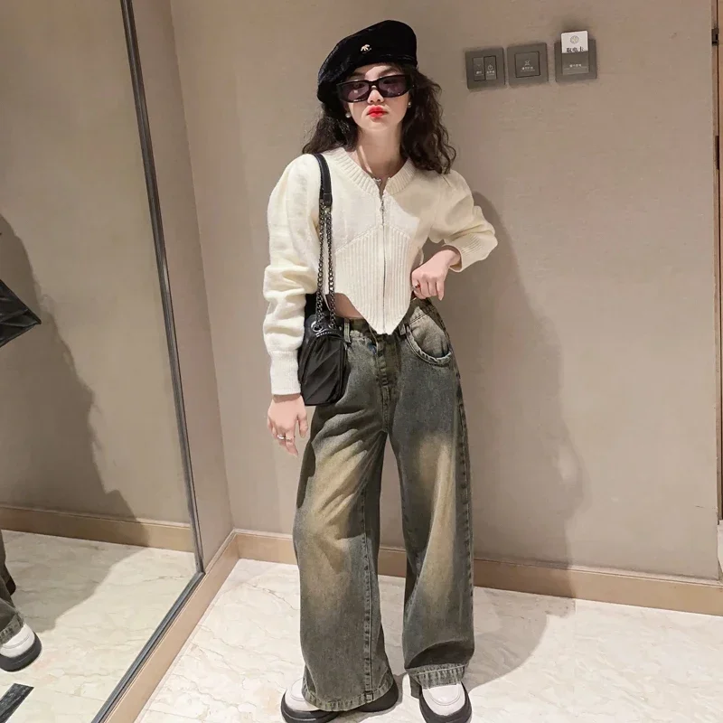 2 шт. детский джинсовый костюм с пузырьковым рукавом на Возраст 4-14 лет