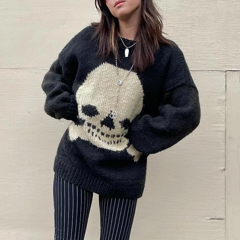 hirigin E-girl Gothic Grunge Pullovers Y2K Dark Academia Skulls Knitted Sweater Autumn Long Sleeve Loose Jumpers Streetwear 2022