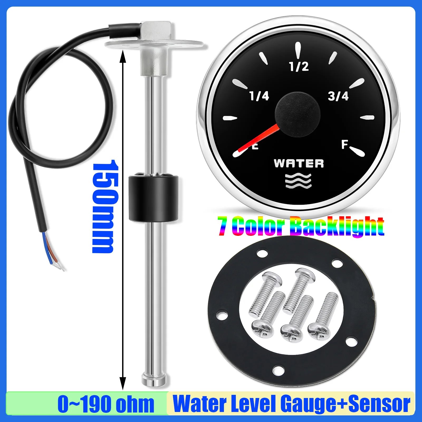 

Датчик уровня воды 0-190 Ом, 52 мм, датчик уровня воды с 7-цветной подсветкой, измеритель уровня воды для яхты, лодки, автомобиля, 12 В, 24 В