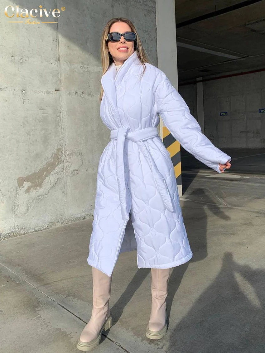 Clacive Fashion Loose Warm Coats Woman Winter 2022 Casual Long Sleeve White Coat Female Elegant Single Breasting Lace-Up Jackets