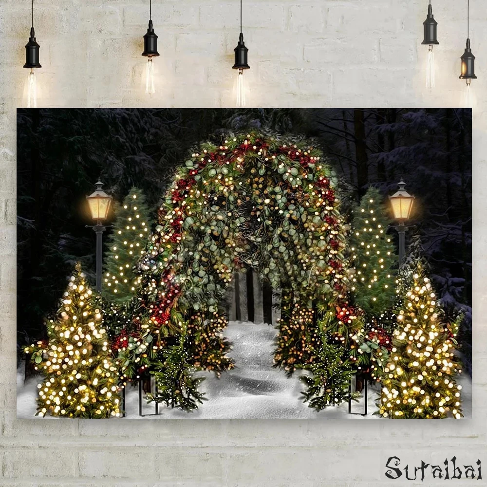 

Children Kids Christmas Portrait Background for Photography Pine Tree Gift Winter White Snow Scene Photo Background Booth