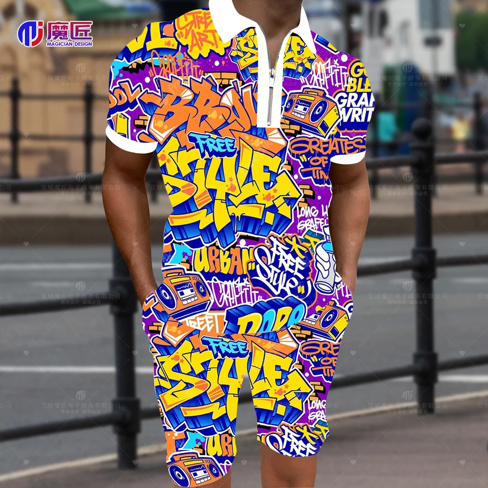 Anime 2023 New Summer Men's POLO Shirt 3D Cartoon Bomb Explosion Print Shorts Strange Shirt Harajuku Hip Hop Magic Shirt Set