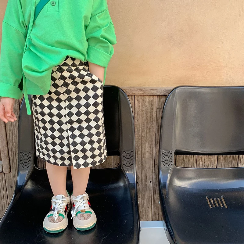 

Демисезонная юбка для девочек, детская юбка, детская модная одежда, уличная одежда, трапециевидная клетчатая юбка с разрезом, хлопковая юбк...