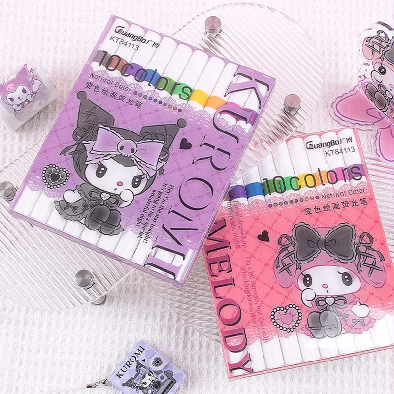 

10Pcs/Set Sanrio My Melody Kuromi Highlighter Pens Drawing Markers Supplies Kawaii Stationery School Doodling Colour Changeable