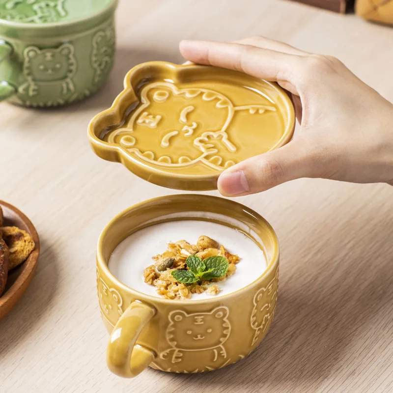 

Кролик рельефная чайная керамическая чашка с крышкой кружка мультяшная чашка для завтрака Милая чашка для воды кофейная кружка Медведь чаш...