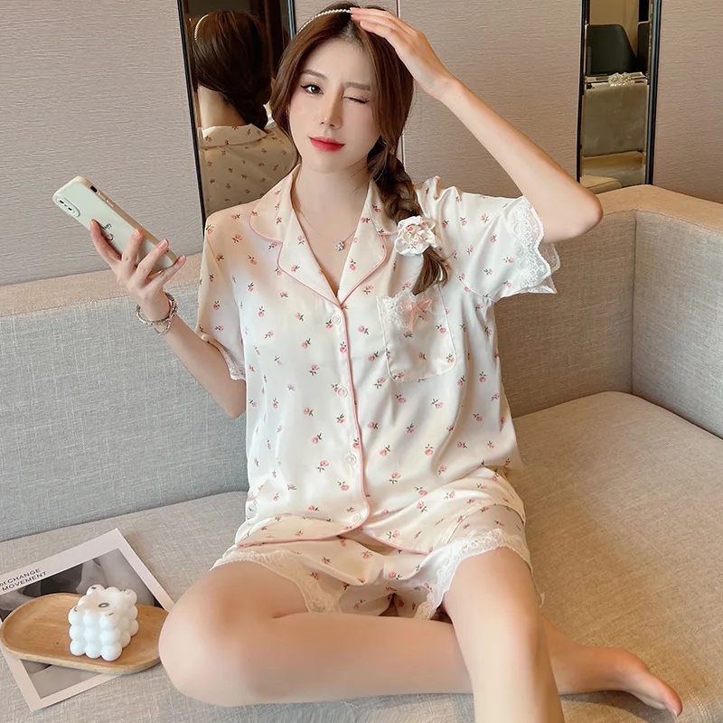 

Short Summer Sleepwear Pjs For Pyjamas New Loungewear Pajamas Two-piece Satin Button-down Women 2023 Sleeve Sets Ladies Silk
