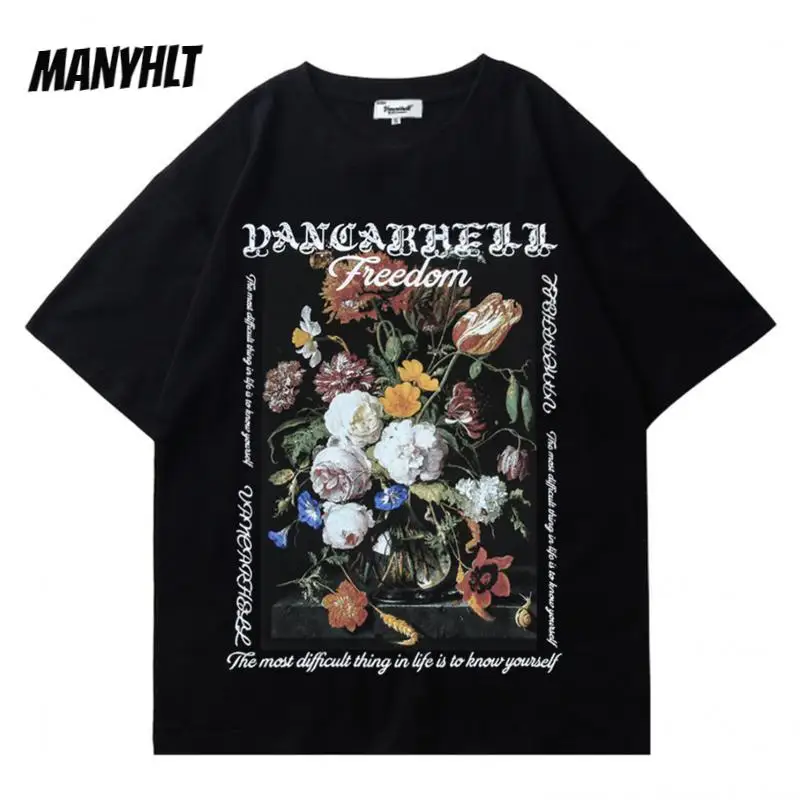 

Футболка мужская хлопковая оверсайз, винтажная тенниска в готическом стиле, с цветочным принтом, повседневная майка в стиле Харадзюку, лето
