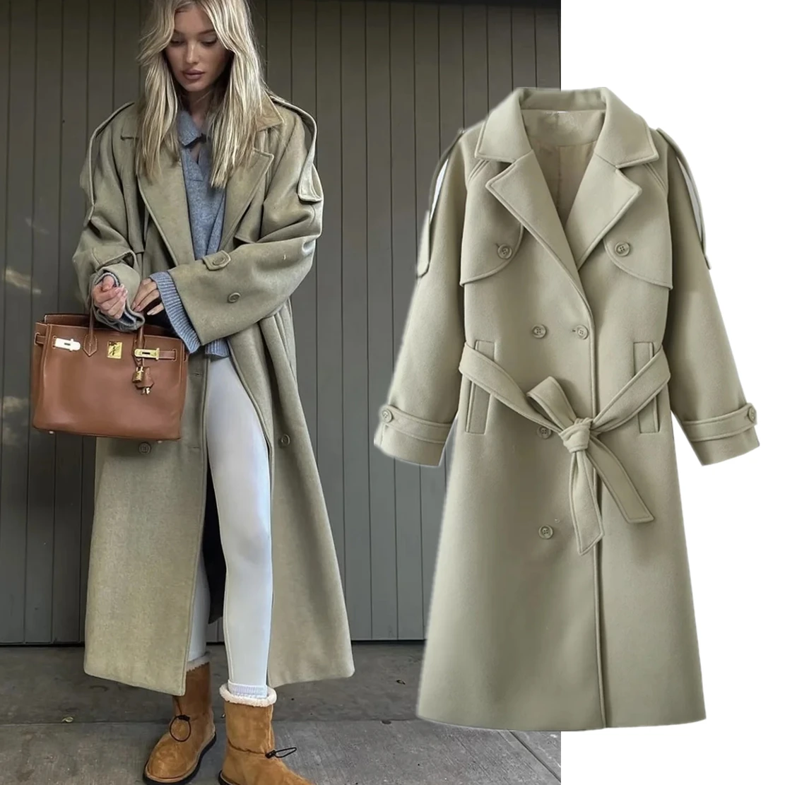 Elmsk Ins Blogger Vintage Loose Ligh Green Long Jacket Fashion Trench Coat Overcoat Women