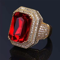 new luxury iced out hip hop ring gold color cubic glass filled big red stone personality fashion men women jewelry lovers gift