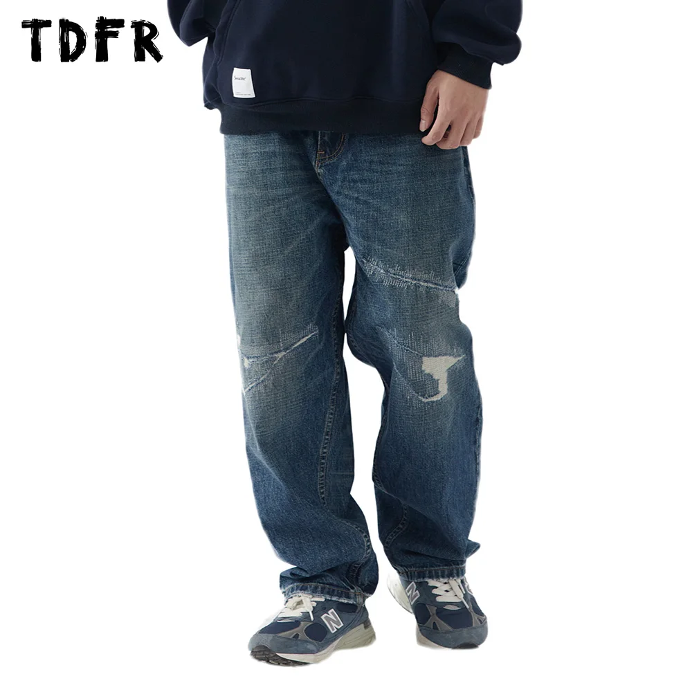 

Ripped Washed Distressed Jeans Mens Retro Casual Loose Straight Wide Leg Denim Pants Men Trousers