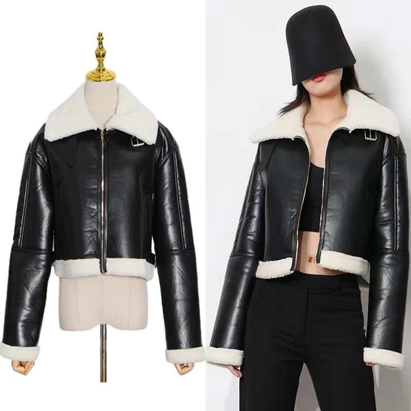 Casual PU Leather Patchwork Lambs Wool Color Block Jacket for Women Lapel Long Sleeve Coat Female Fashion 2023 New