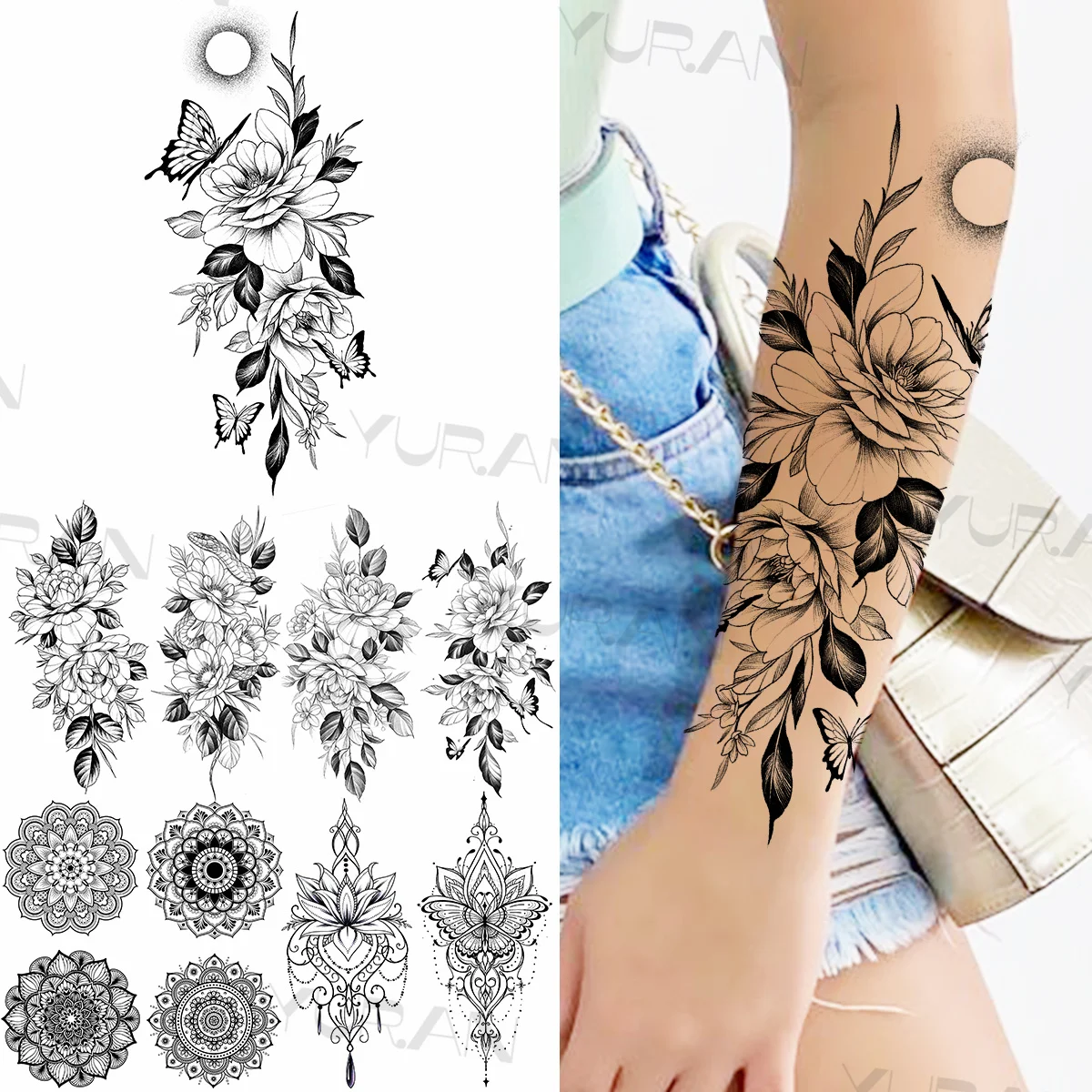 

Black Butterfly Flower Temporary Tattoos For Women Girls Realistic Snake Mandala Henna Lotus Fake Tattoo Sticker Forearm Tatoos