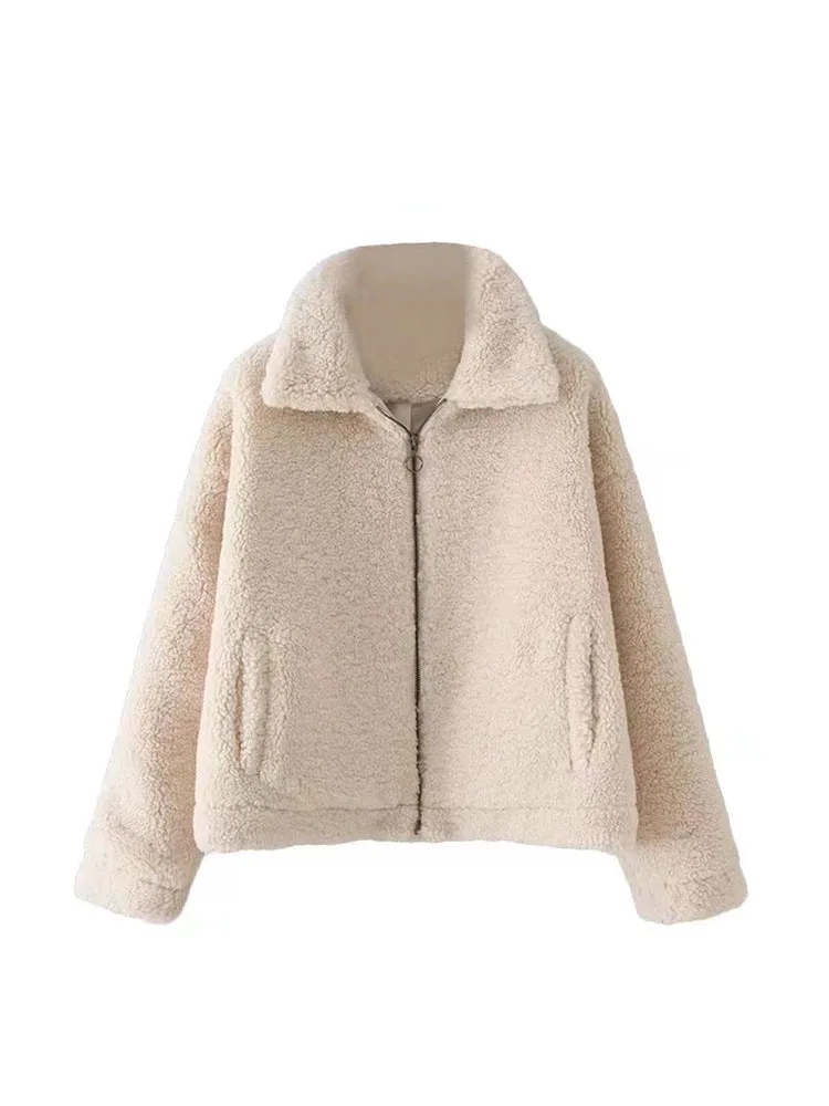 BBWM 2022 Autumn Winter Women Fashion Solid Color Lamb Wool Coat Versatile Long Sleeve Lapel Female Short Outerwear Chic Top