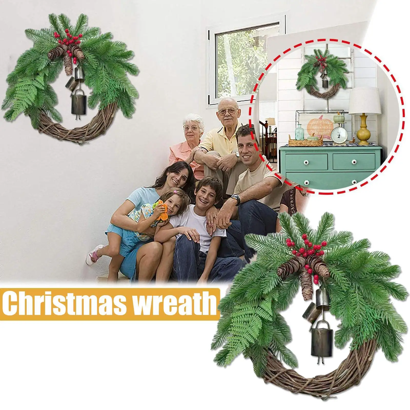 

Rattan Pine Cone Bells Wreath Holiday Farmhouse Ornament Bohemian Wreath Door Decoration New Year Gift Christmas Decoration