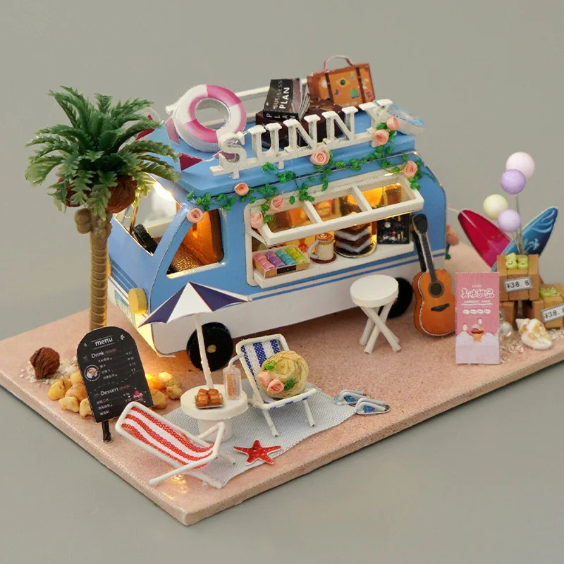 new diy mini car ocean shop casa wooden doll house miniature building kits dollhouse with furniture lights toys for girls gifts free global shipping
