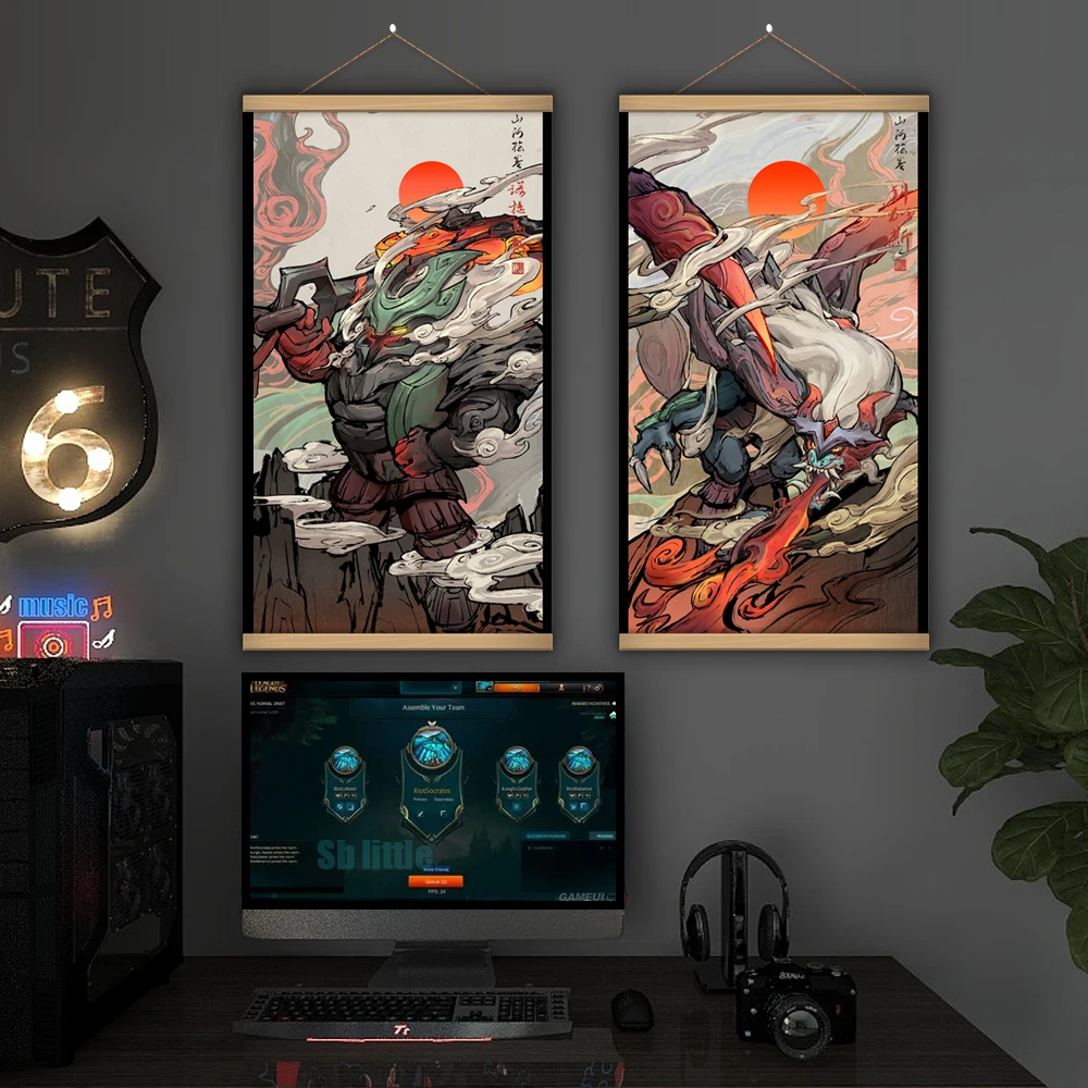 

Shan Hai Scrolls LOL Game League Legends Jhin Nautilus japan Chinese Art Painting Poster Decorative Tapestry Design Wall