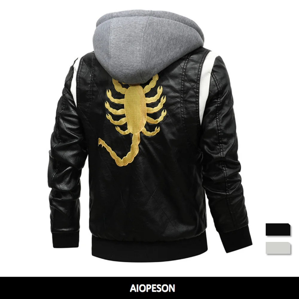 

2023 New Spring Leather Men's Jacket Removable Hoodied Scorpion Embroidery Motorcycle Jacket Men Slim Fit Leather Mens Jackets