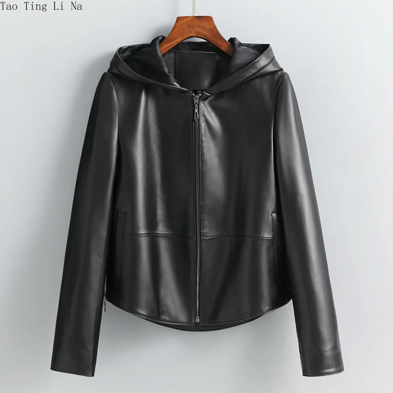 2022 Spring and Autumn New Sheepskin Leather Coat Fashion Hooded Loose Real Leather Jacket W6