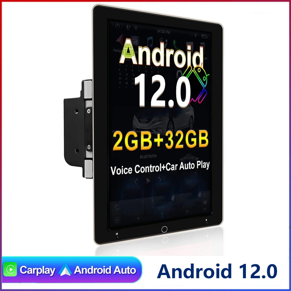 Automatic Rotatable 2 Din Android 12.0 Apple/Android CarPlay 10 Inch Car Multimedia Video Player Universal 2DIN Stereo Radio GPS
