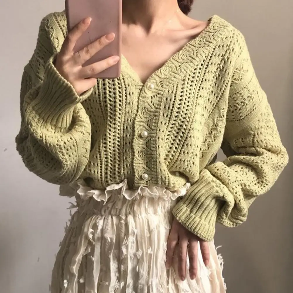 

Повседневный Кардиган с V-образным вырезом, свитер, свободный Однотонный женский Топ с длинным рукавом, вязаный осенний свитер с вырезами дл...