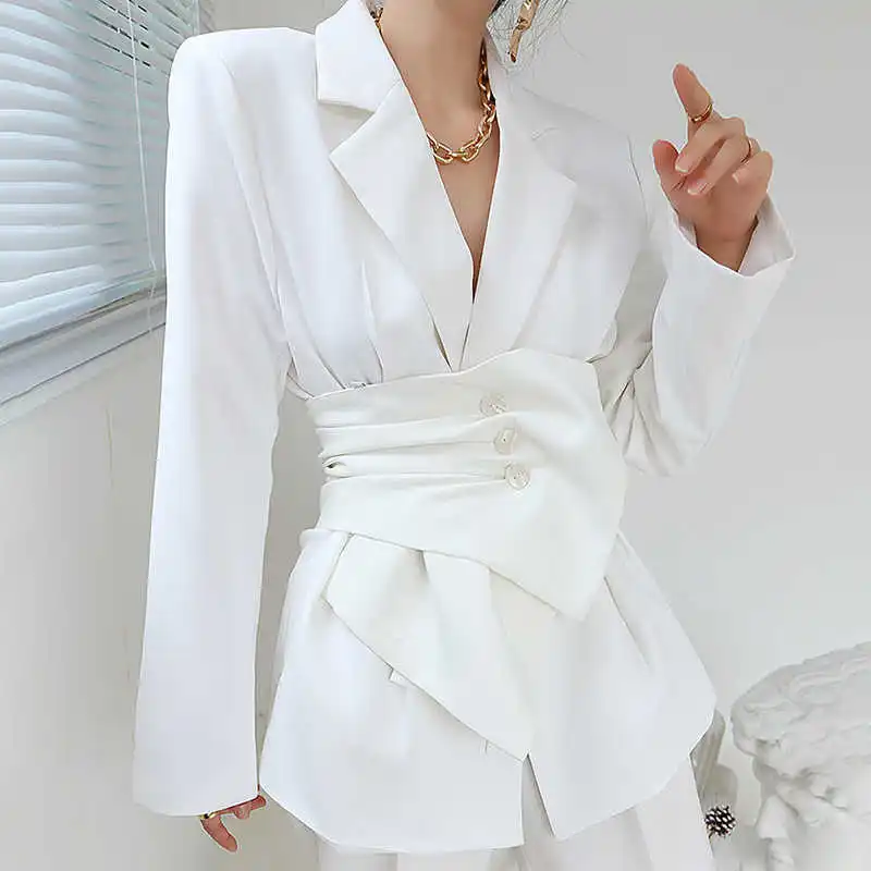 White Minimalist Blazer for Women Notched Long Sleeve Sashes Elegant Blazers Female Fashion New Clothing