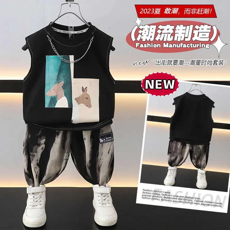 

Летняя повседневная майка для мальчиков Новинка 2023 корейское издание брюки без рукавов с защитой от комаров в иностранном стиле комплект из двух предметов