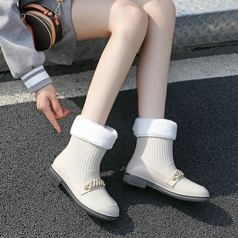 New Women's Rain Boots Thick Bottom Square Root Metal Decoration Fashion Trend Waterproof Non-Slip Cotton Warm Work Rain Boots