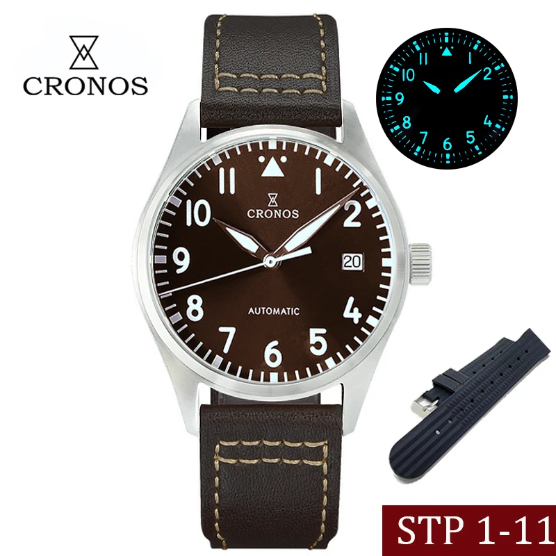 

Мужские механические часы-пилот Cronos, 39 мм, из нержавеющей стали, простой стиль, винтажный кожаный ремешок, Водонепроницаемость 100 м, цвет гол...