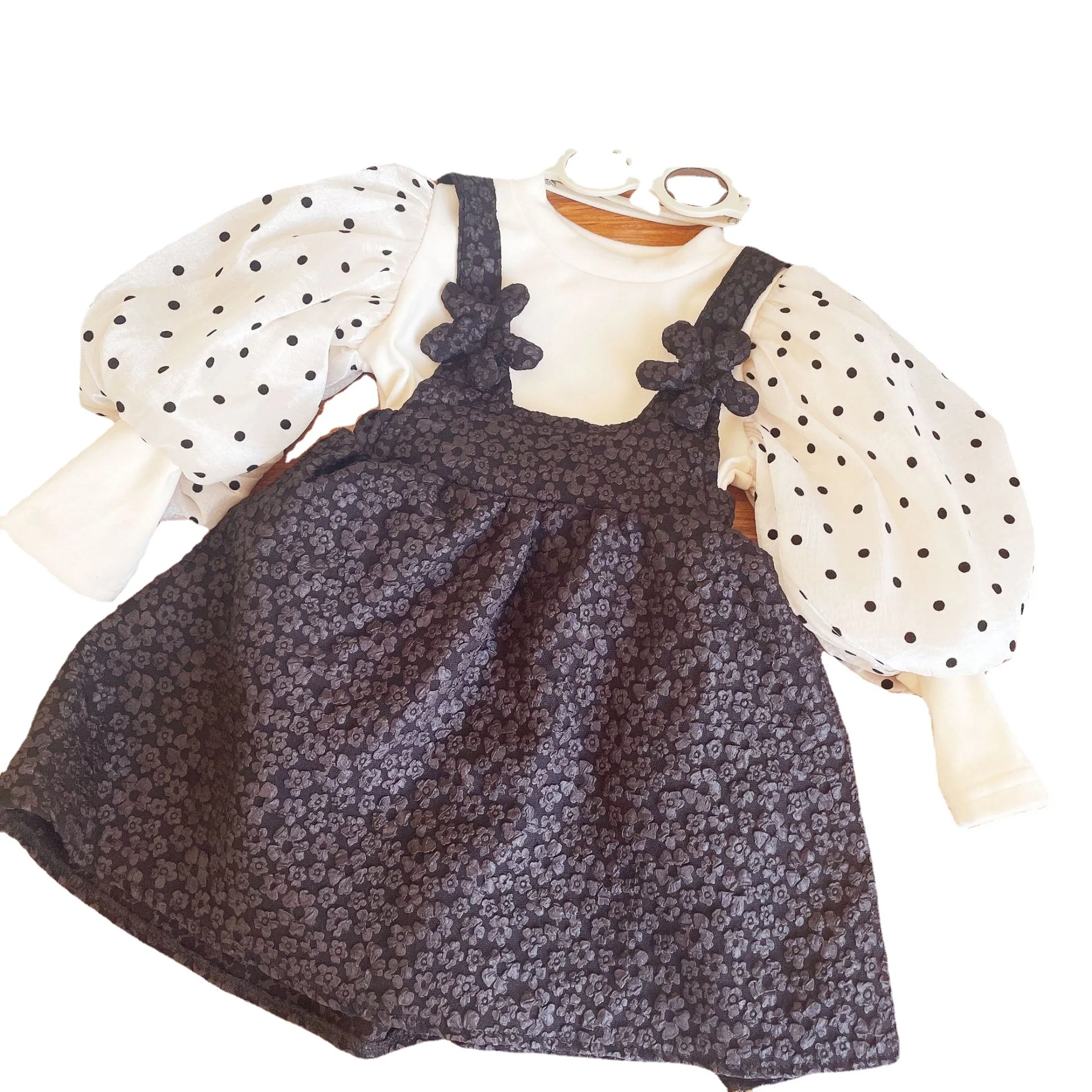 2024 Autumn New girls' clothes suit cute polka dot bubble sleeve top + strap flower sling dress casual kids clothing