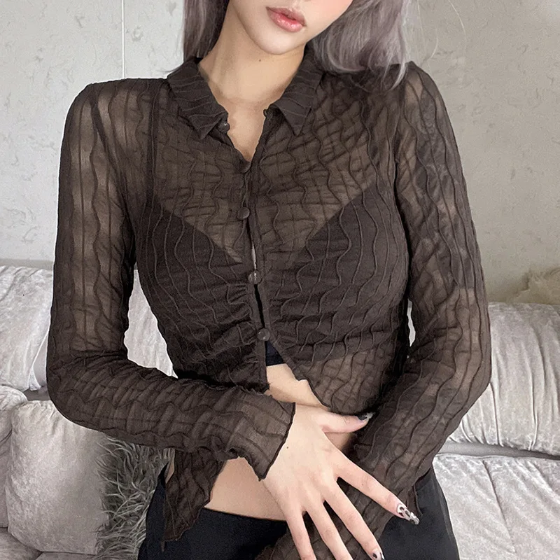 

Коричневая рубашка с длинным рукавом, просвечивающие несимметричные футболки, уличная мода, прозрачный сексуальный кроп-топ, женские футбо...