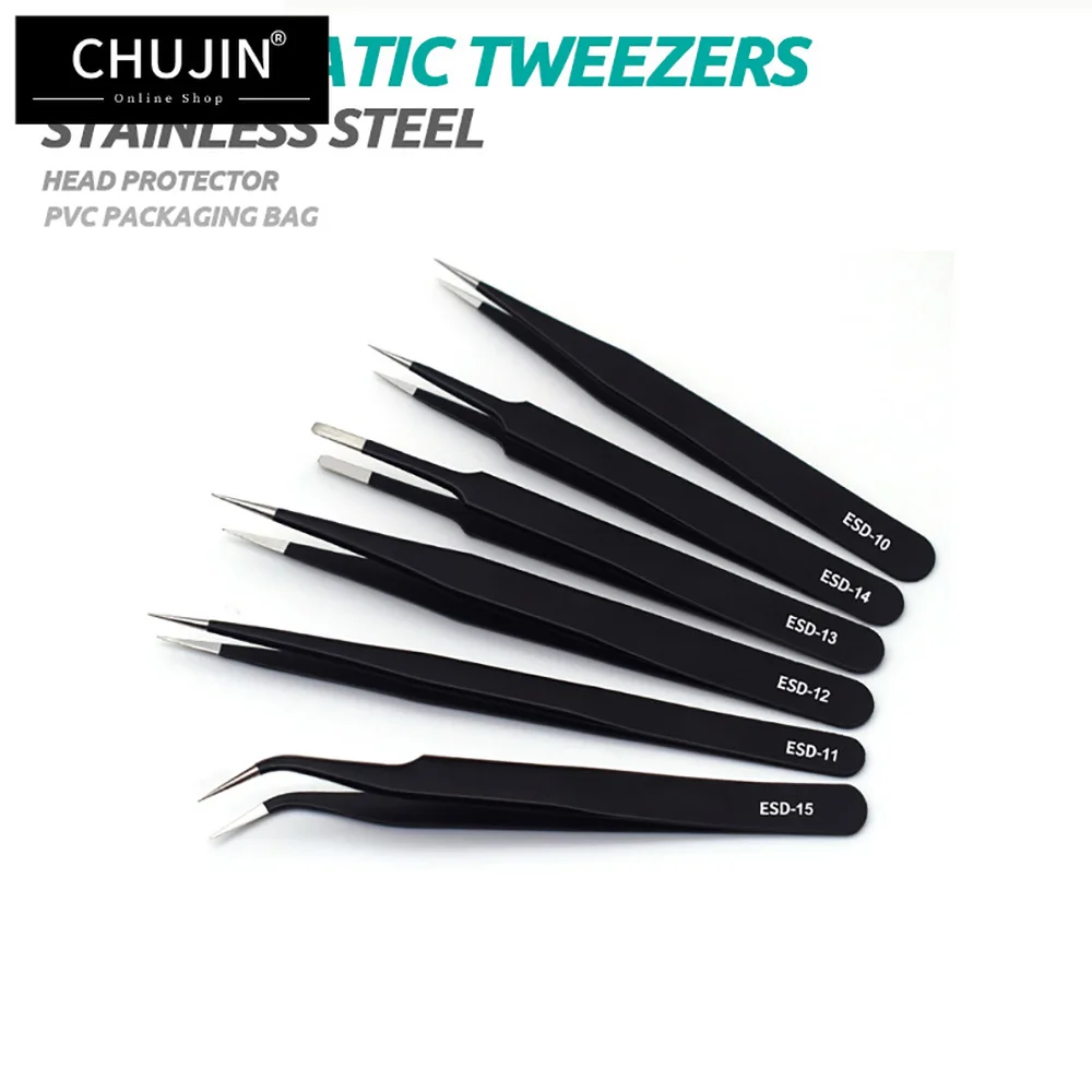 

CHUJIN 6 PCS Precision Tweezers Set Anti-Static Stainless Steel Curved of Tweezers for Electronics Laboratory Work Jewelry