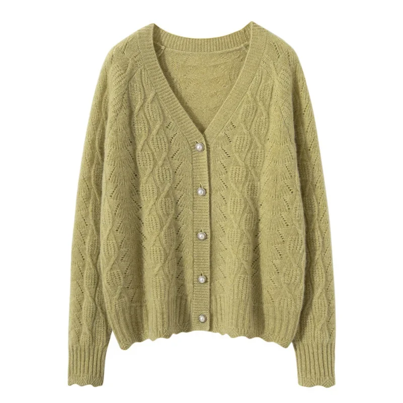 Весна и осень 2023 новый вязаный кардиган с v-образным вырезом ромбовидной вышивкой