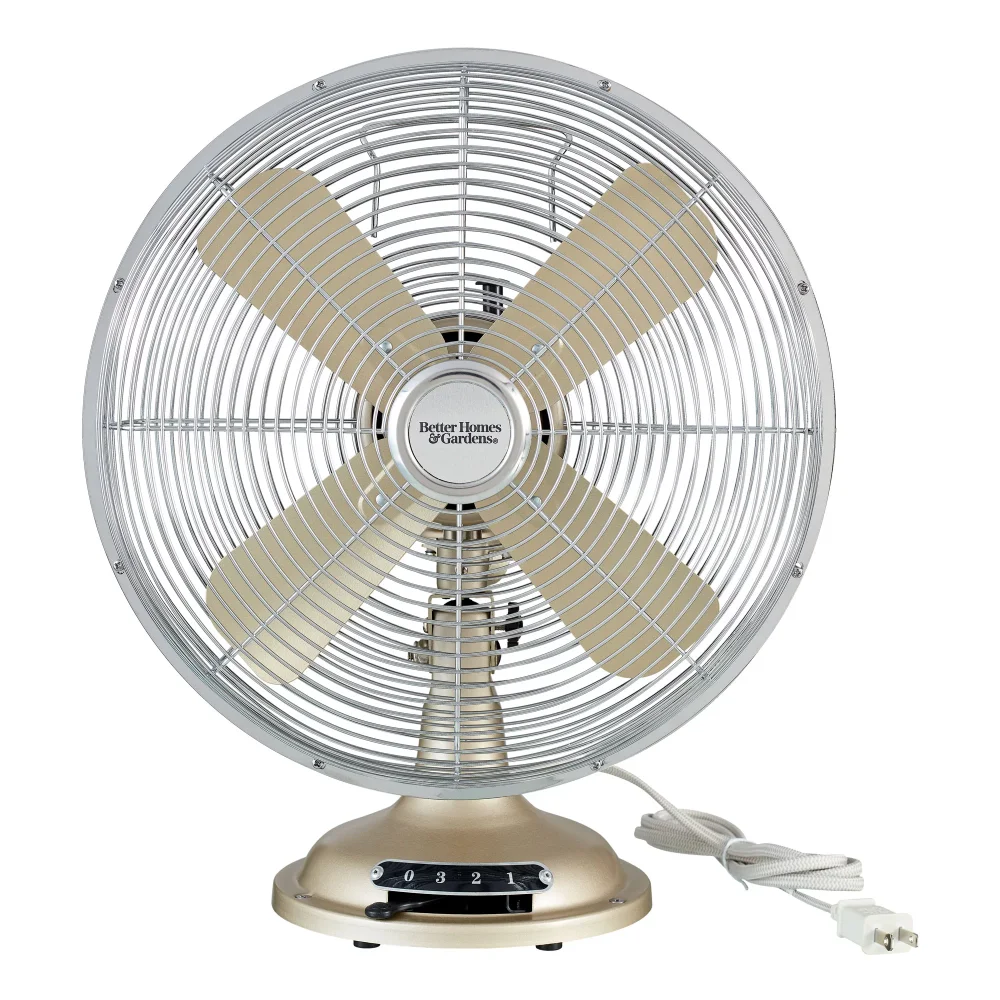 

Better Homes & Gardens 12 inch Retro 3-Speed Metal Tilted-Head Oscillation Table Fan Brushed Nickel