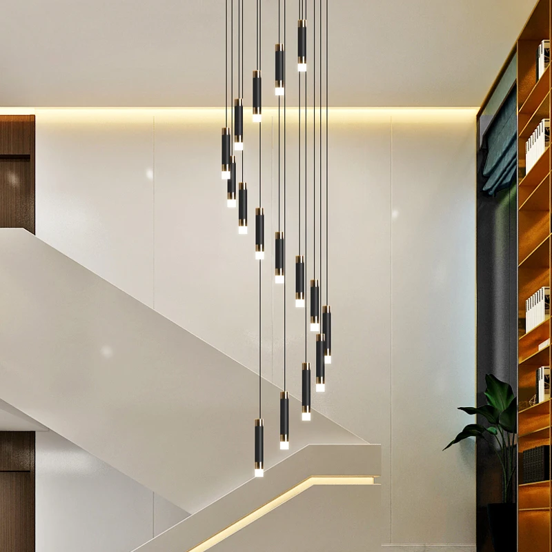 

Staircase Long Chandelier Modern Minimalist Black Cylindrical Living Room Duplex Attic LED Chandelier Interior Decoration Light