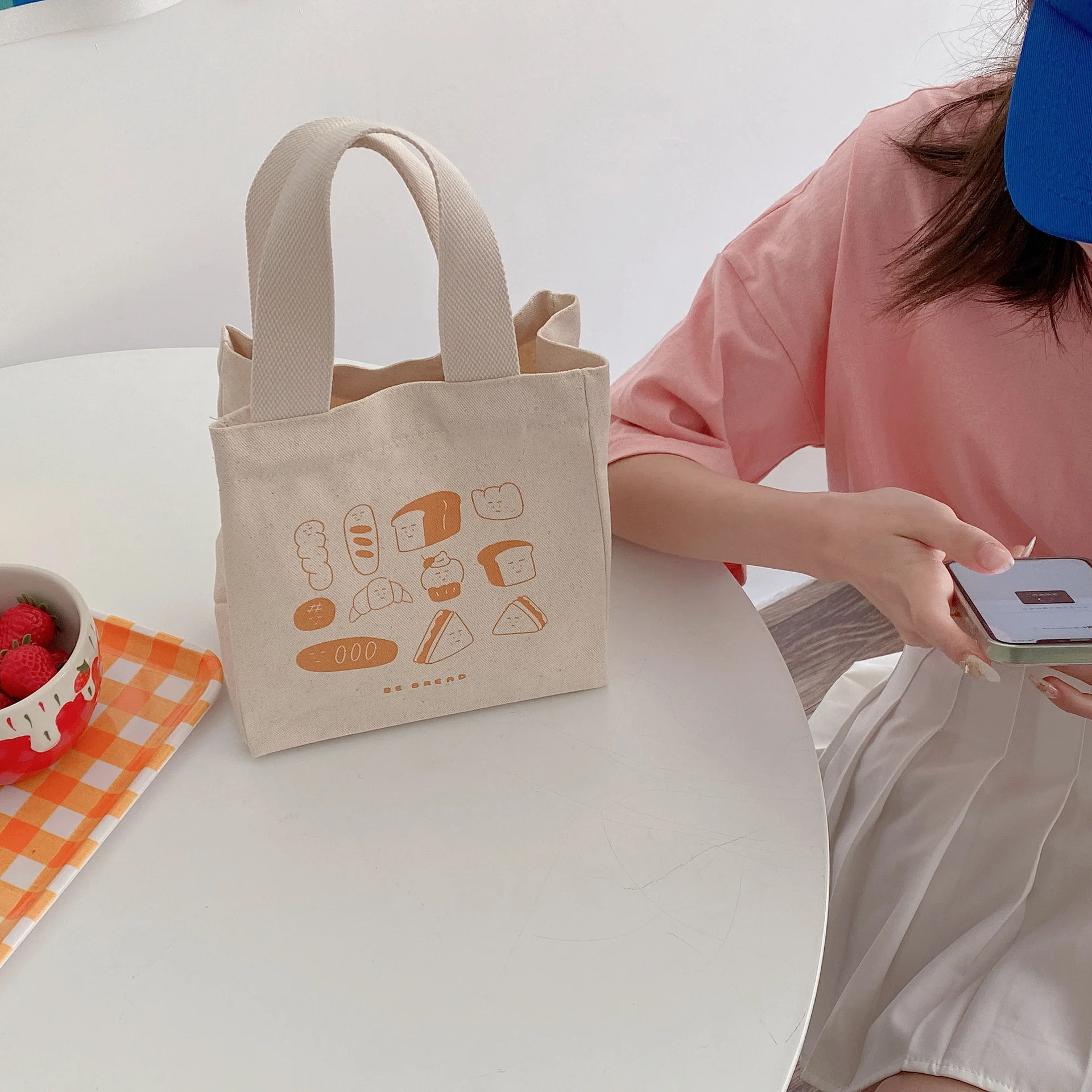 

Cute Cartoon Print Mini Lunch Bag Office Worker Cotton Cloth Women Tote Food Bag Girl Student Japanese Canvas Small Hand Bag