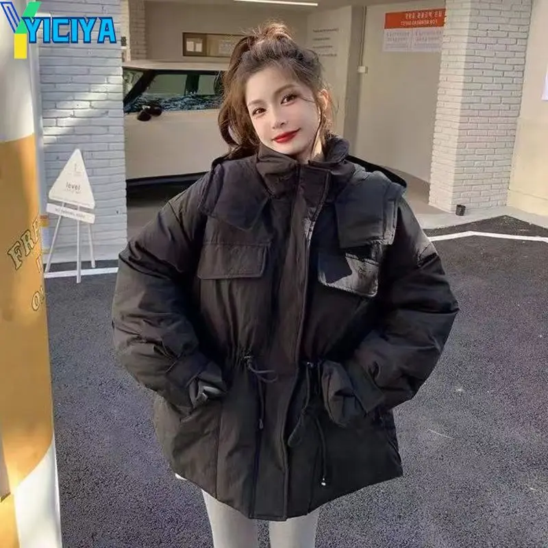 YICIYA Coats Woman Winter 2023 New Streetwear Parkas Jacket Fashion Waist Can Adjust Coat With A Big Hood Thicken Warm Outerwear