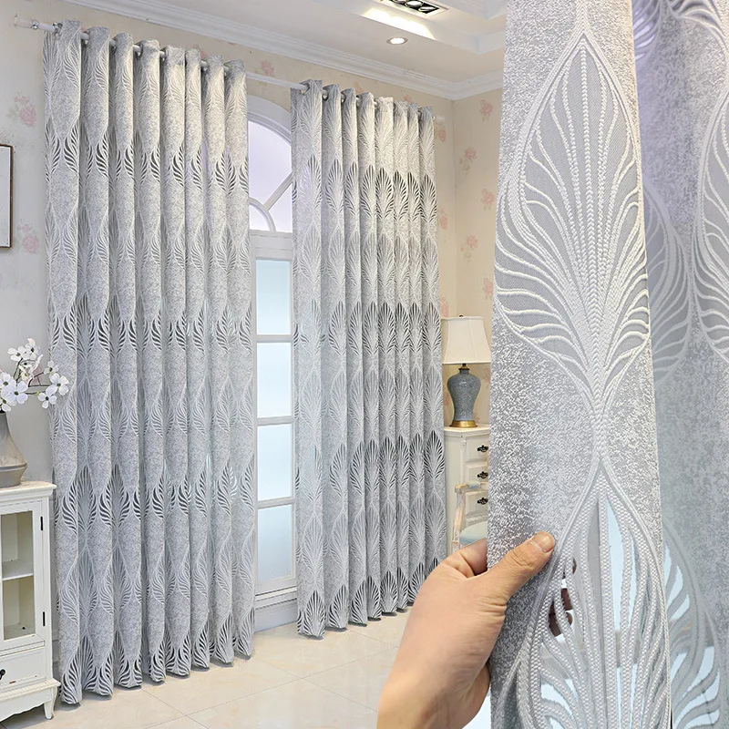 

Light tight Curtains for Living dining room bedroom Grey simple modern leaf gauze semi opaque gauze European simplicity Nobility
