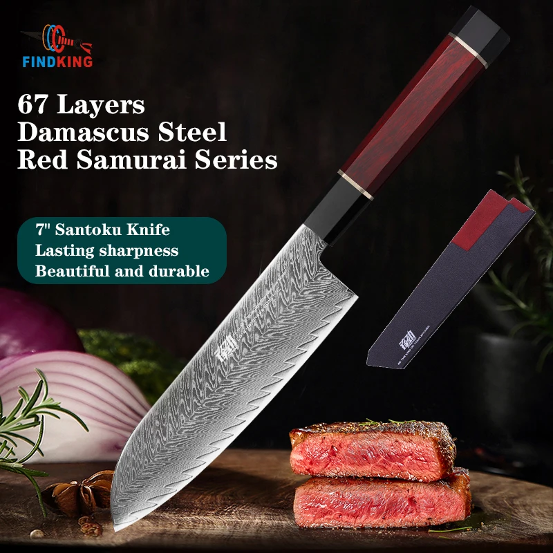 FINDKING Knife New! Red Samurai Series 7 inch AUS-10 67 Layers Damascus Steel Knife Kitchen Nakiri Santoku Chef Knife