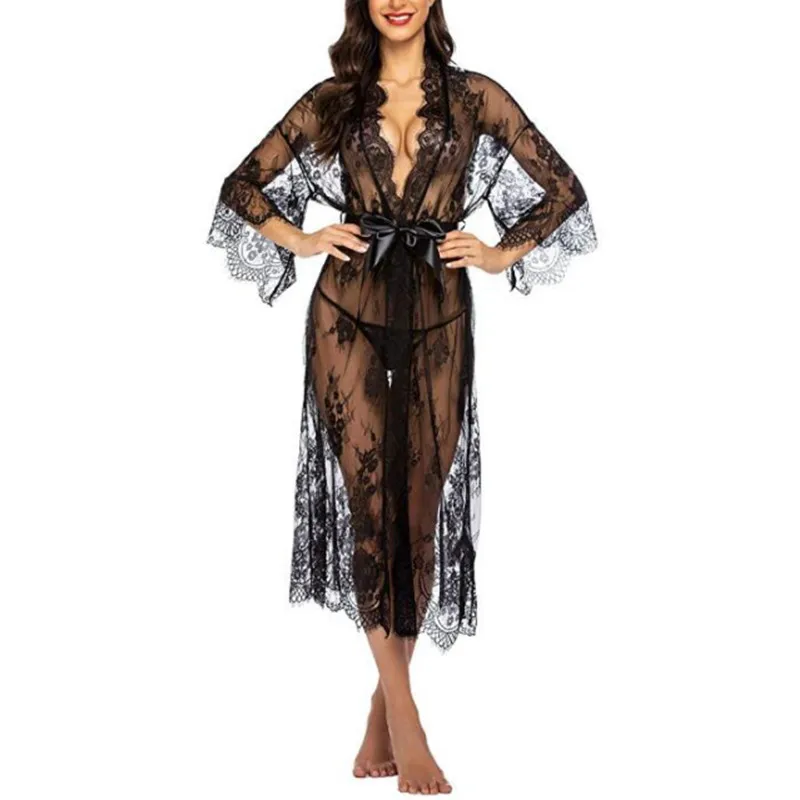 Сексуальное нижнее белье Ночная рубашка Женский кружевной кардиган длинная