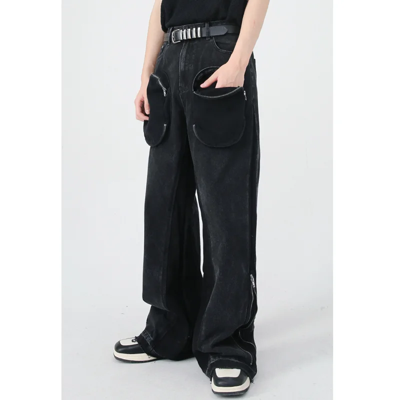 Streetwear Men Hip Hop Loose Straight Cylinder Casual Pants Versatile Comfortable Big Pocket Jeans 2022 Autumn and Winter Female