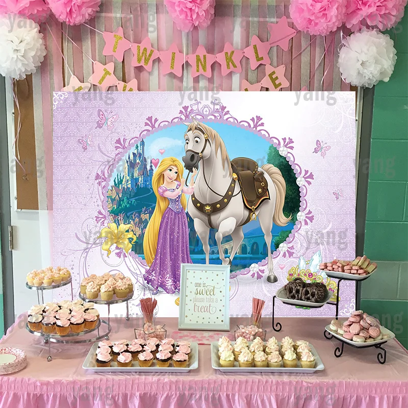 Disney Party Beautiful Castle Steed Background Long Yellow Hair Princess Custom Pink Backdrop Children's Birthday Decoration enlarge