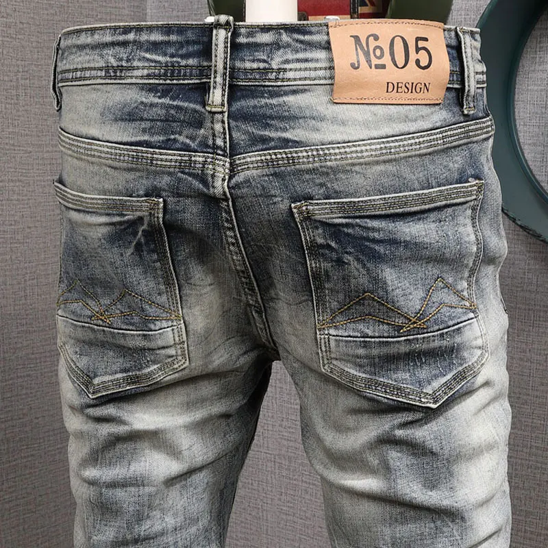 Fashion Vintage Men Jeans Retro Washed Gray Blue Elastic Slim Fit Ripped Jeans Men Trendy Patched Designer Denim Pants Hombre