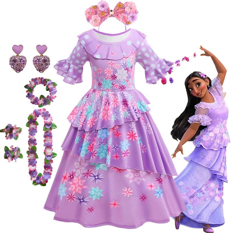 Disney Encanto Mirabel Isabella Girls Princess Dress Cosplay With Headband For Kids Birthday Party Halloween Clothing Vestidos