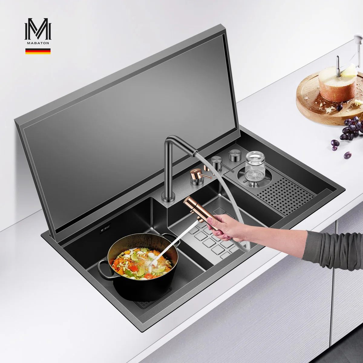 

ASRAS 8850NJX Nano Grey 304 Stainless Steel Hidden Large Kitchen Sink With Automatic Lowering Panel