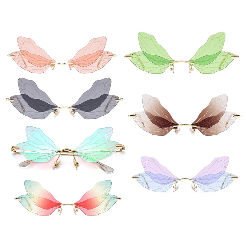 

Frameless Rimless Eyewear Shades UV400 Outdoor Women Vintage Steampunk Sunglasses Clear Ocean Len Fashion Dragonfly Wing Glasses