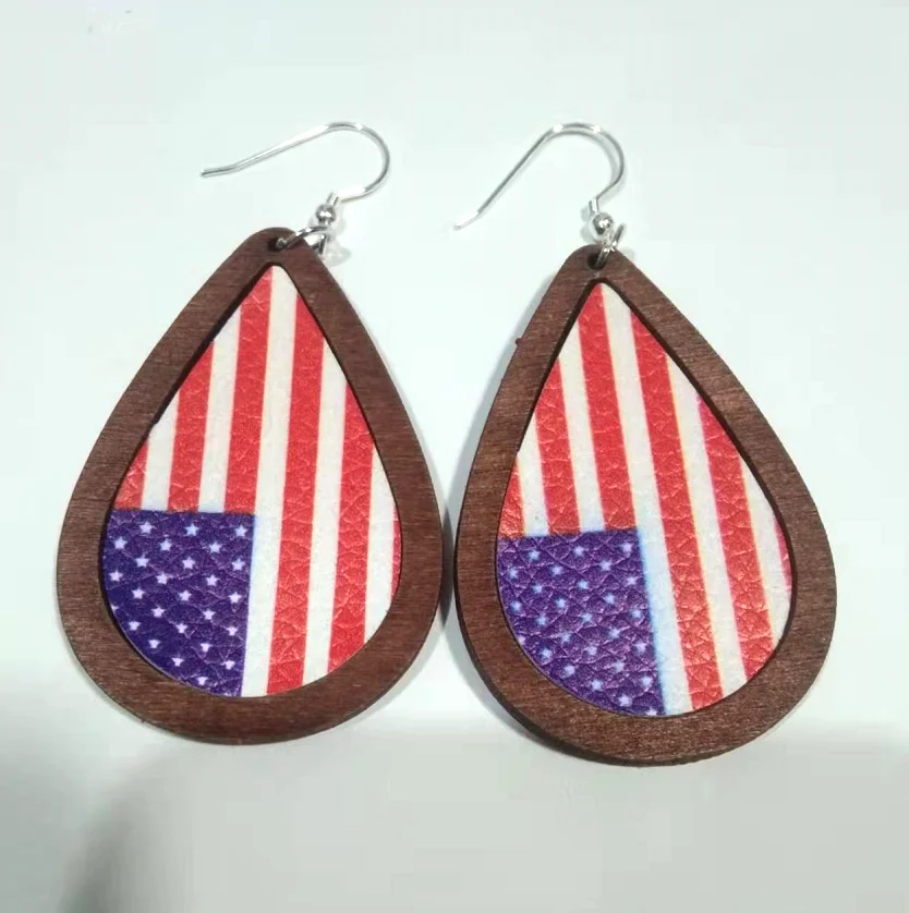 

western style colors teardrop wood leather earrings for women with Football baseball Leopard texture dangle earrings