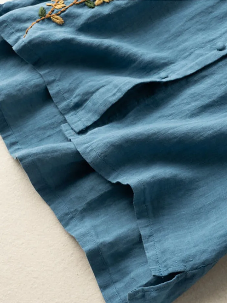 Рубашка женская хлопково-льняная с цветочной вышивкой повседневный Свободный